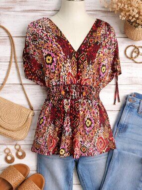 Susan Lawrence Boho Tunic Top M V Neck Stretch Waist Flowy Blouse